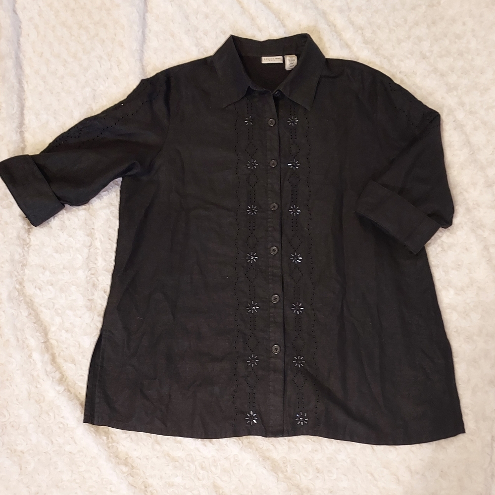 Covington Classic Black Linen & Rayon Boho eyelette & beaded blouse size 16